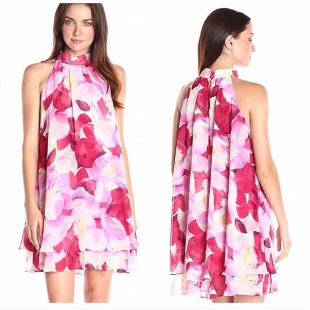 ✨💥⚡️ Eliza J. NEW Chiffon Pink & Cream Floral Print Halter Neck Dress - Picture 1 of 11
